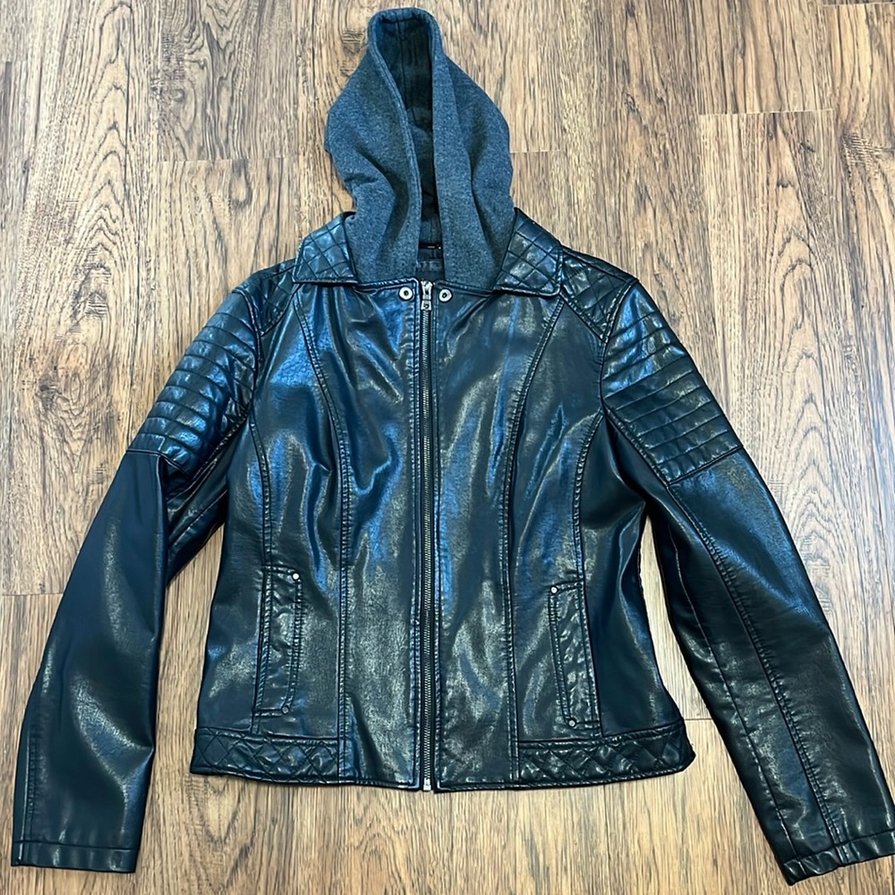 Black faux leather jacket with removable hood